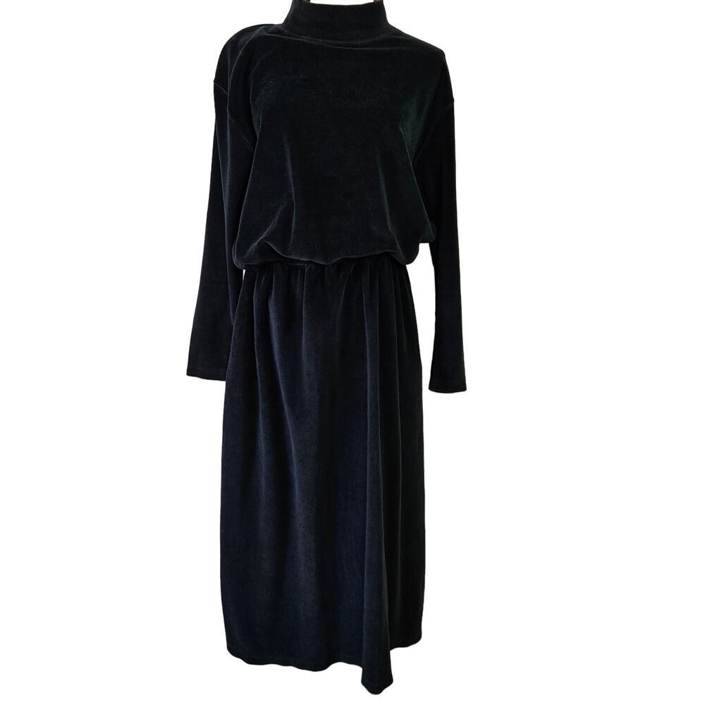 Vintage Eddie Bauer Velour Midi Dress M Black Long Sleeve Mock Neck 90s
